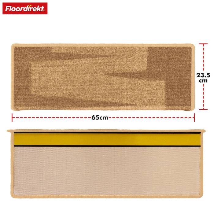Rechteckige Stufentreppenkante, beige und hellbraun, mit den Abmessungen 65 cm x 23,5 cm. Draufsicht und Seitenansicht dargestellt. Rotes Logo „Floordirekt