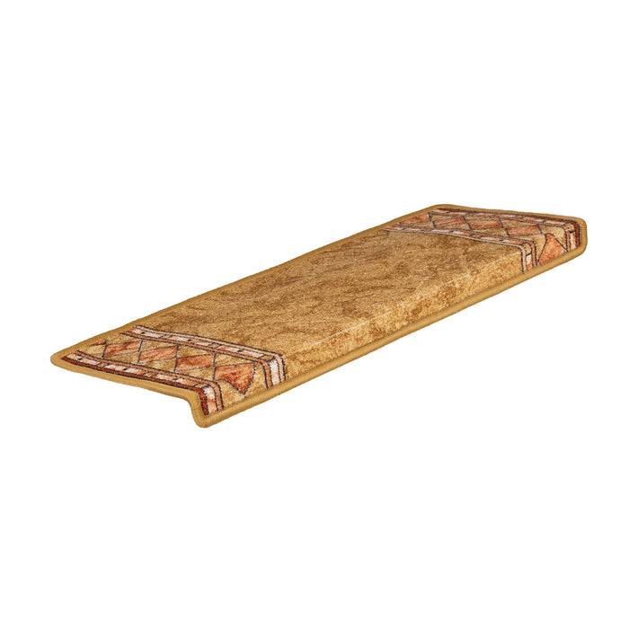 Eine braune Treppenstufenmatte mit geometrischem Design an den Enden, die Bodenhaftung und Schutz für Treppenkanten bietet.
