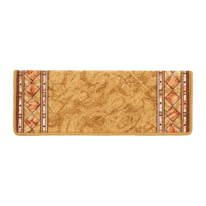 Rechteckige goldene Matte mit abstrakten Mustern und Diamantdesigns an den Enden.