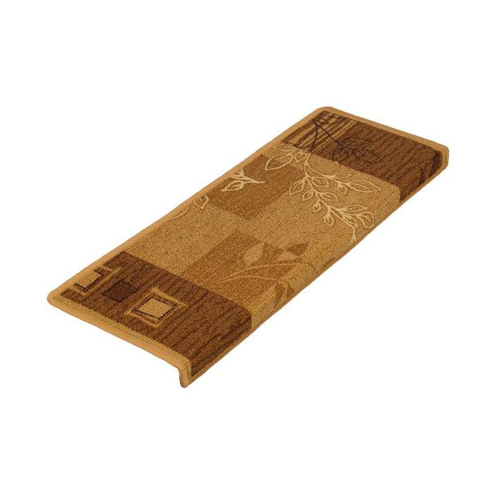 „Eine rechteckige braun und beige gemusterte Treppenstufe mit abstrakten Designs und Blatmotiven.