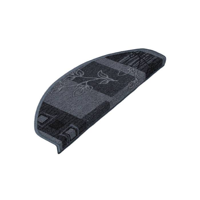 Ein grauer Teppichstufenbelag mit einem subtilen Blattmuster, konzipiert um Trittsicherheit zu bieten und Treppen zu schützen.