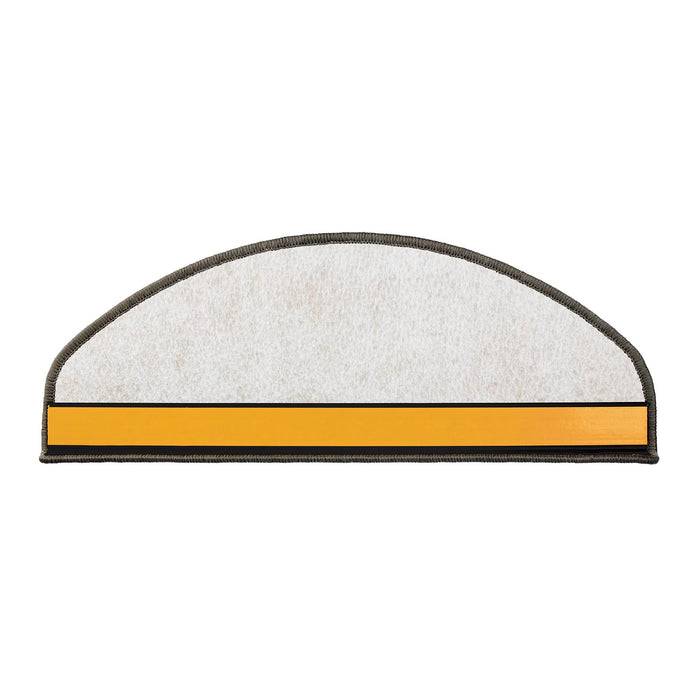 Ein halbkreisförmiges Mikrofaser-Reinigungstuch mit einem gelben Streifen und grauem Rand, entwickelt zur Verwendung mit Staubsaugerrobotern.