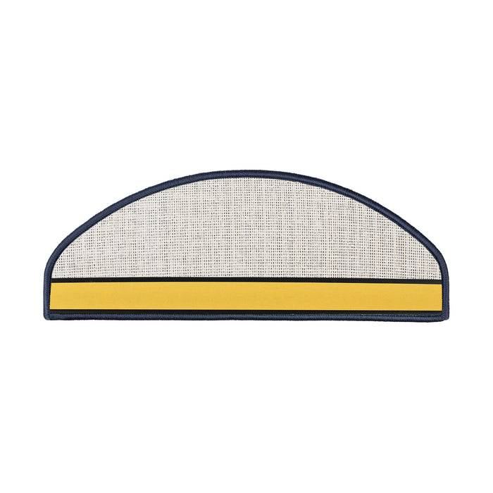 Ein halbkreisförmiges, gitterartiges Objekt mit einem gelben horizontalen Streifen am unteren Rand, umrahmt in dunkelblau.