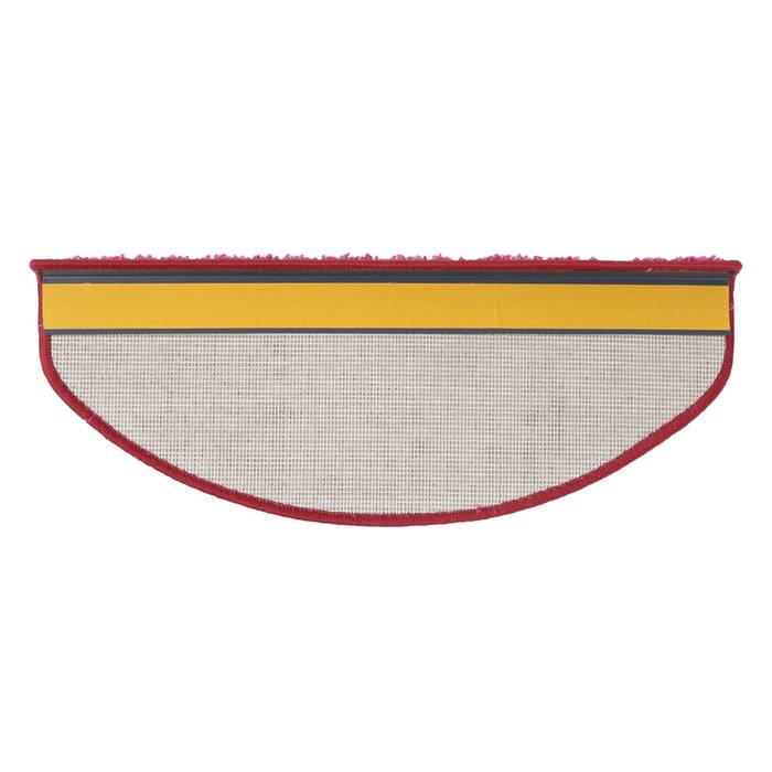 Ein gekrümmtes Reinigungstuch mit roter Kante, gelbem und schwarzem Mittelstreifen und Netzboden.