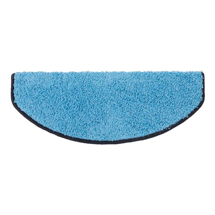 Ein halbkreisförmiges blaues Reinigungstuch mit schwarzer Kante, das zum Wischen auf Roboterstaubsaugern verwendet wird.