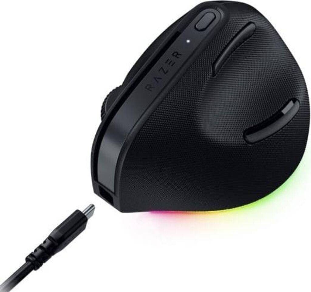 Ergonomische vertikale Maus mit RGB-Beleuchtung, anpassbaren Tasten und USB-C-Konnektivität, konzipiert für komfortable Nutzung.