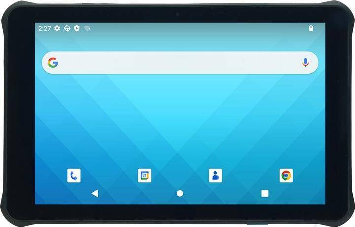 Android-Tablet-Startbildschirm mit Google-Suchleiste, Statussymbolen und vier App-Verknüpfungen auf einem blauen geometrischen Hintergrund.