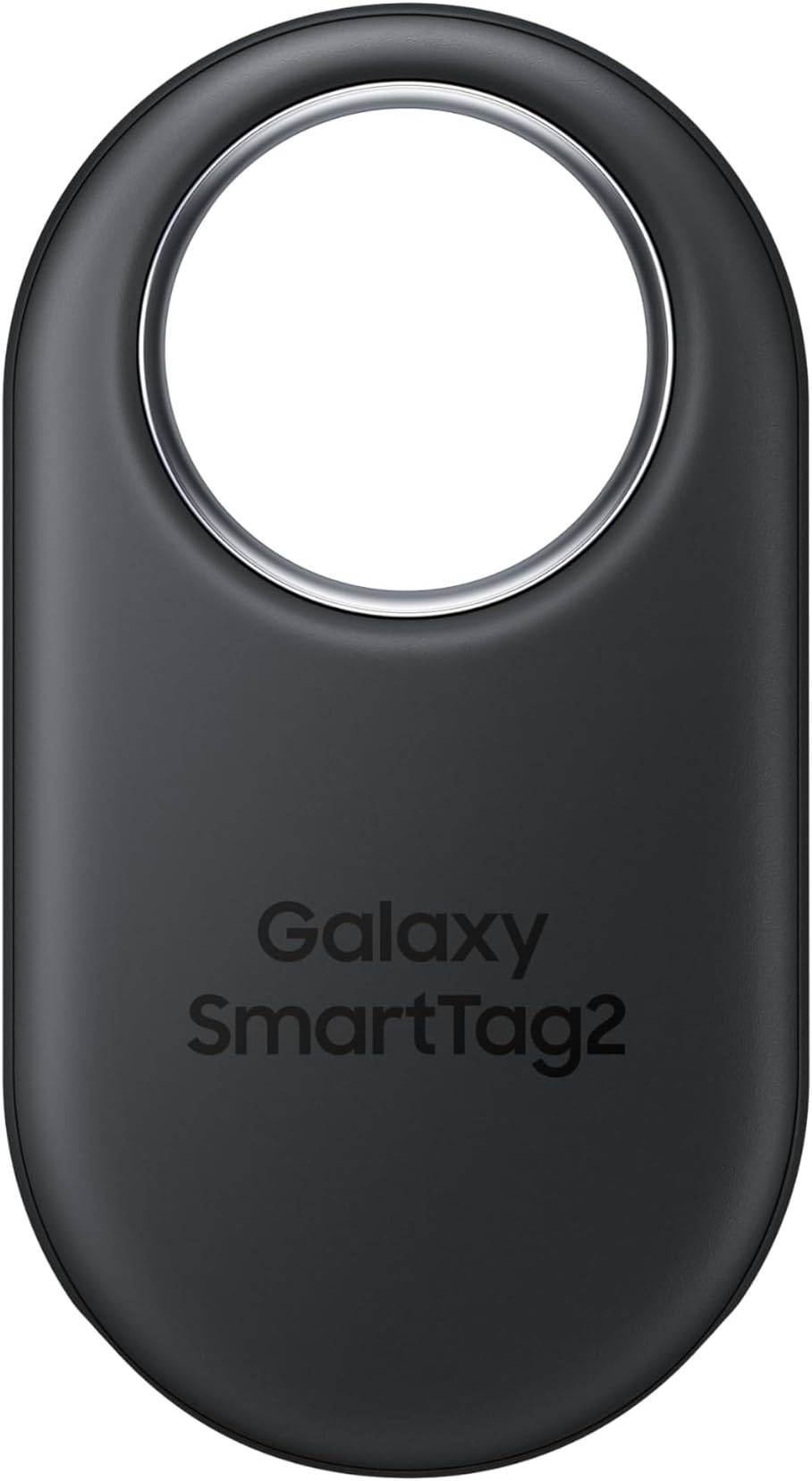Ein schwarzes Galaxy SmartTag2-Gerät mit einer kreisförmigen Öffnung oben, das zur Verfolgung von Gegenständen verwendet wird.