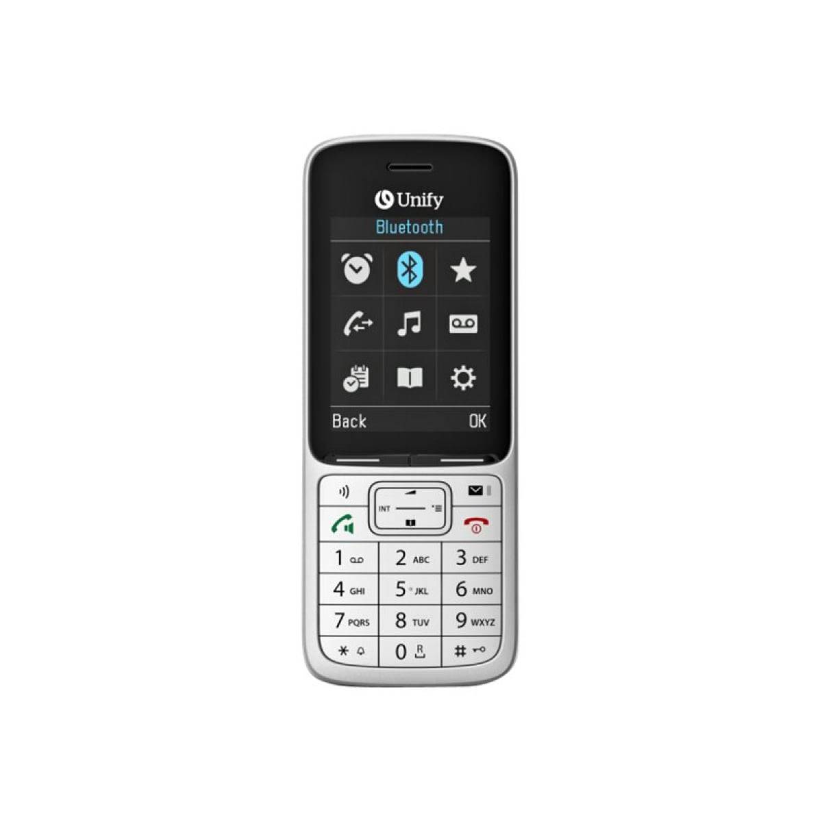 Ein kleines Tastenfeld-Mobiltelefon, das ein Bluetooth-Menü auf seinem Bildschirm anzeigt, mit Symbolen für Konnektivität und Einstellungen über einer numerischen Tastatur.