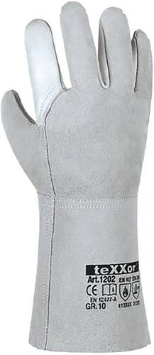 Ein graues Lederarbeitshandschuh, der die Rückseite mit sichtbarer Naht zeigt, vertikal positioniert mit nach außen gestrecktem Daumen.