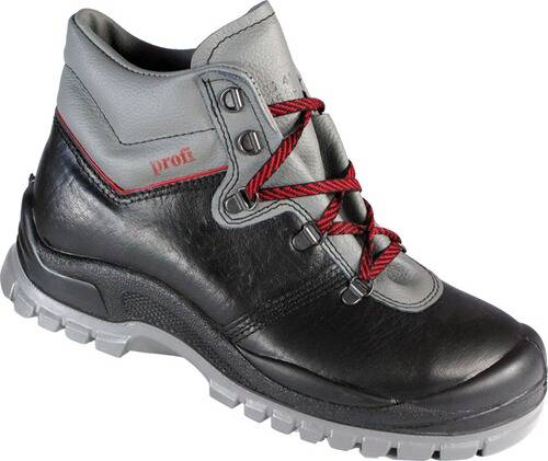 Schwarzer und grauer Arbeitsschuh mit roten Schnürsenkeln, mit verstärkter Kappe und strukturierter Sohle für Langlebigkeit.