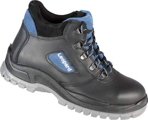 Arbeitsschuh mit schwarzem Leder und blauem Stoff, Schnürverschluss, mit der Bezeichnung „Leopard