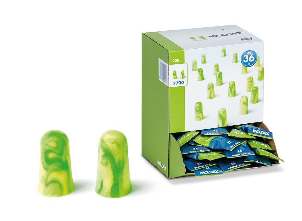 Schachtel mit grünen und gelben Ohrstöpseln, gekennzeichnet als Moldex, enthält 200 Paar.