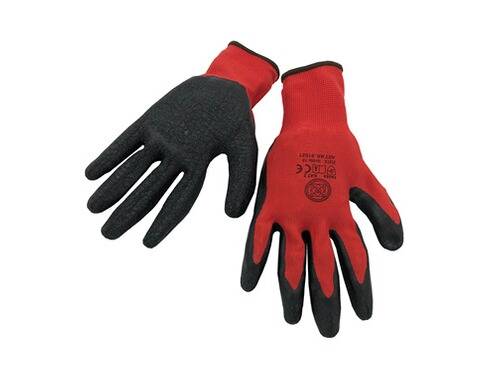 Zwei schwarze und graue Arbeitshandschuhe mit strukturierten Handflächen und rotem Besatz werden vor einem weißen Hintergrund gezeigt.