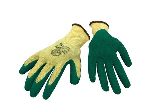 MMXX Handschuh, Polyester gelb, Gr. 10, EN 388, mit Schrumpf-Latex-Beschichtung grün, Kat. 2