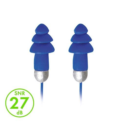 Blaue baumförmige Ohrstöpsel mit drei Flanschen, mit einer Kennzeichnung „SNR 27 dB