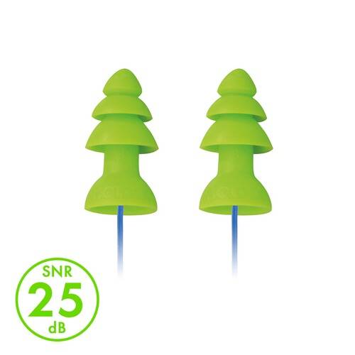 Grüne Ohrstöpsel mit einer Lärmreduktionseinstufung (SNR) von 25 dB sind mit einer blauen Schnur abgebildet.