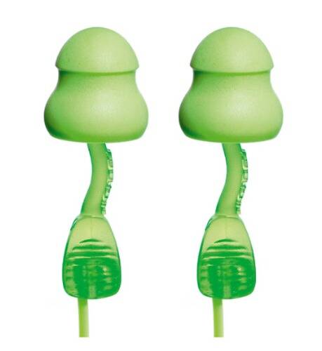 Zwei grüne Ohrstöpsel mit gebogenen Stielen und pilzförmigen Oberteilen, die zur Lärmreduktion entwickelt wurden.