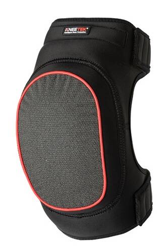 Schützende Knieschoner mit schwarz-grauem Design, mit rotem Akzentrand, verwendet für Sicherheit bei Sport- oder Bauarbeiten.