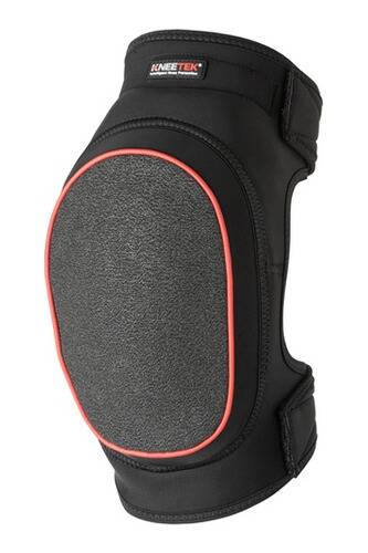 Schwarze Knieschutzvorrichtung mit einer harten, strukturierten Vorderfläche und roter Kante, entwickelt zum Schutz bei Sport- oder körperlichen Aktivitäten.
