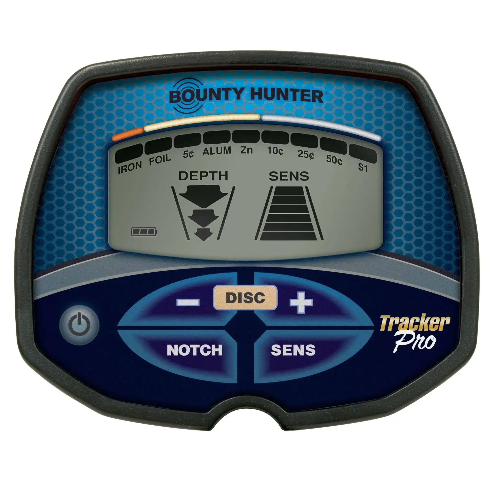 Bounty Hunter Tracker Pro Metalldetektor-Bedienfeld mit Zielkennungen, Tifen- und Empfindlichkeitsindikatoren sowie Plus-/Minus-Diskriminierungs-, Kerb- und Empfindlichkeitsreglern.