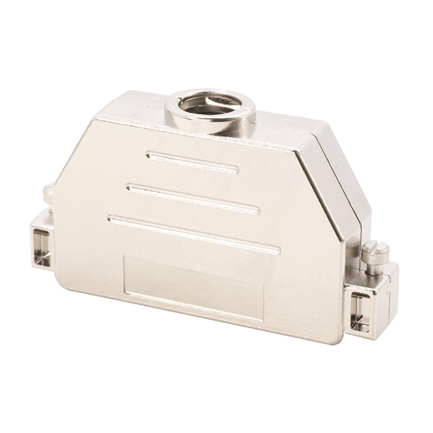Silbernes Metallgehäuse mit Rippen, mit oberer Öffnung und Seitenbolzen, verwendet für elektronische Stecker oder Kabelschutz.