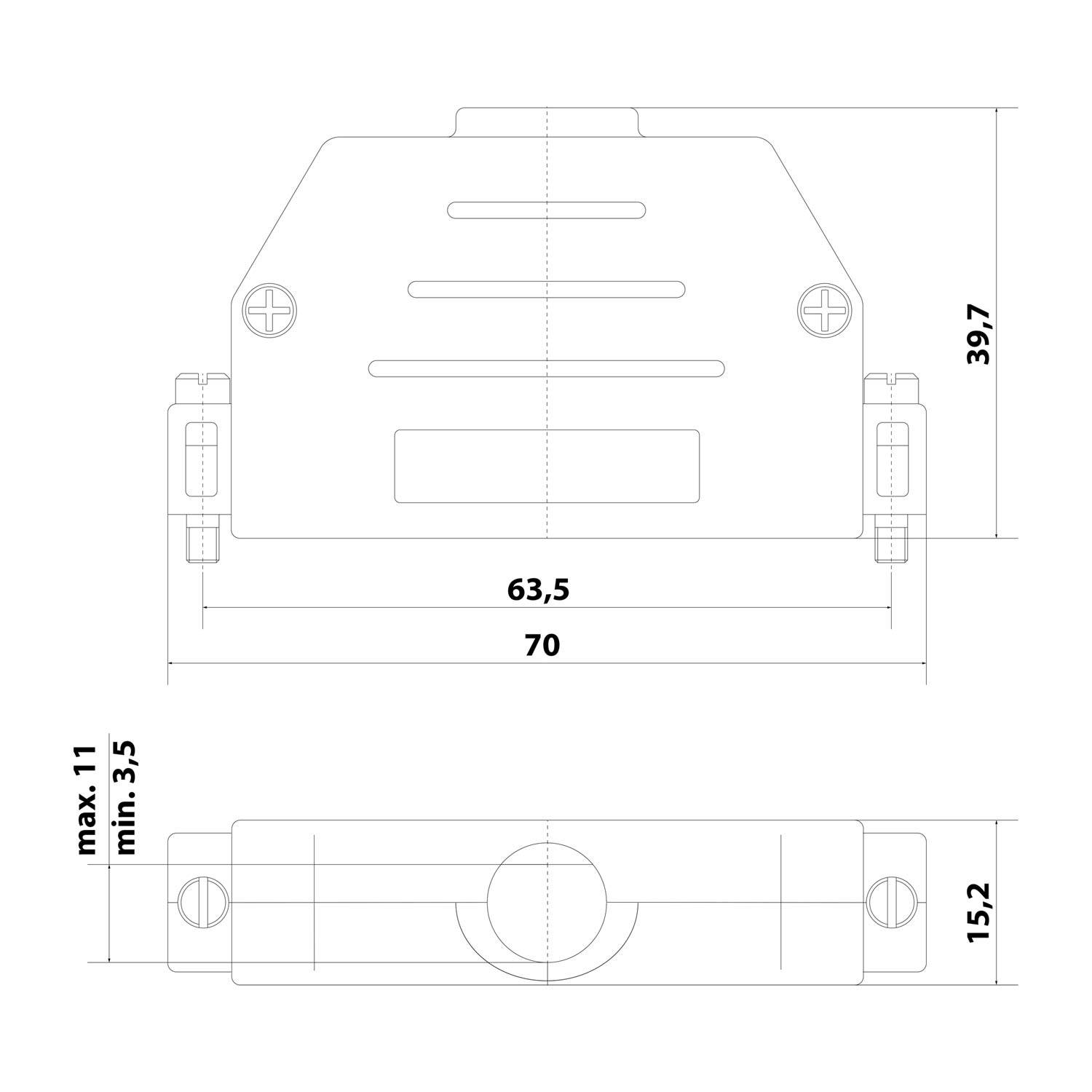 Technische Zeichnung eines Geräts mit Abmessungen: Breite 70 mm, Höhe 39,7 mm. Die Seitenansicht zeigt die Tiefe als 15,2 mm und die Höhe von 11 mm bis 35 mm.