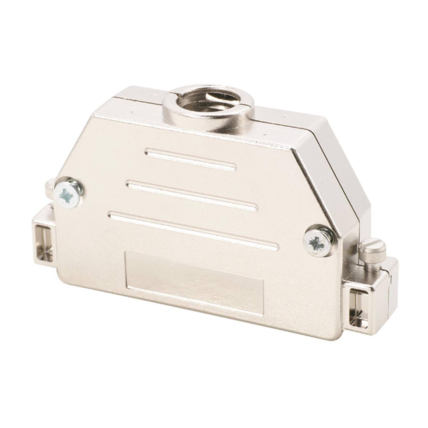 Metallgehäuse-Abdeckung für einen Stecker, rechteckige Form mit Schraubenbefestigungen an den Seiten und einer Öffnung oben zur Kabelführung.
