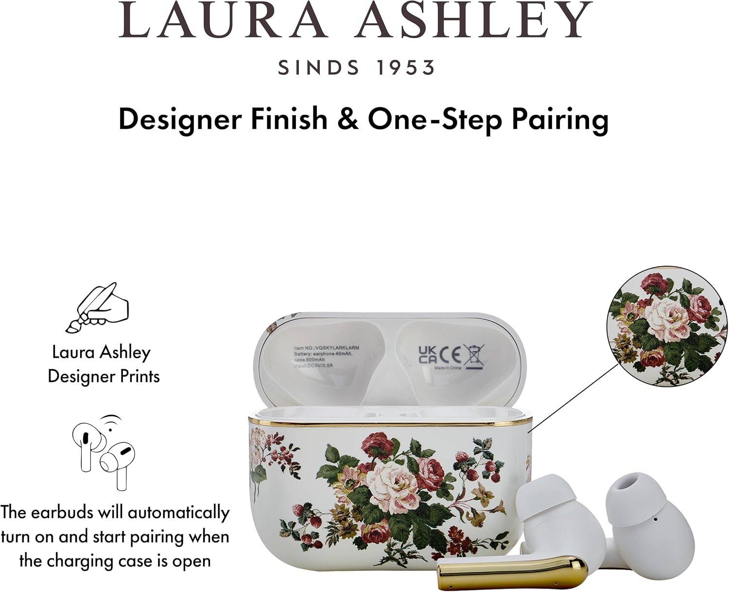 Laura Ashley Kabellose Ohrhörer Bluetooth TWS 5.3 für iPhone &amp; Android ENC - Rosemore Weiß