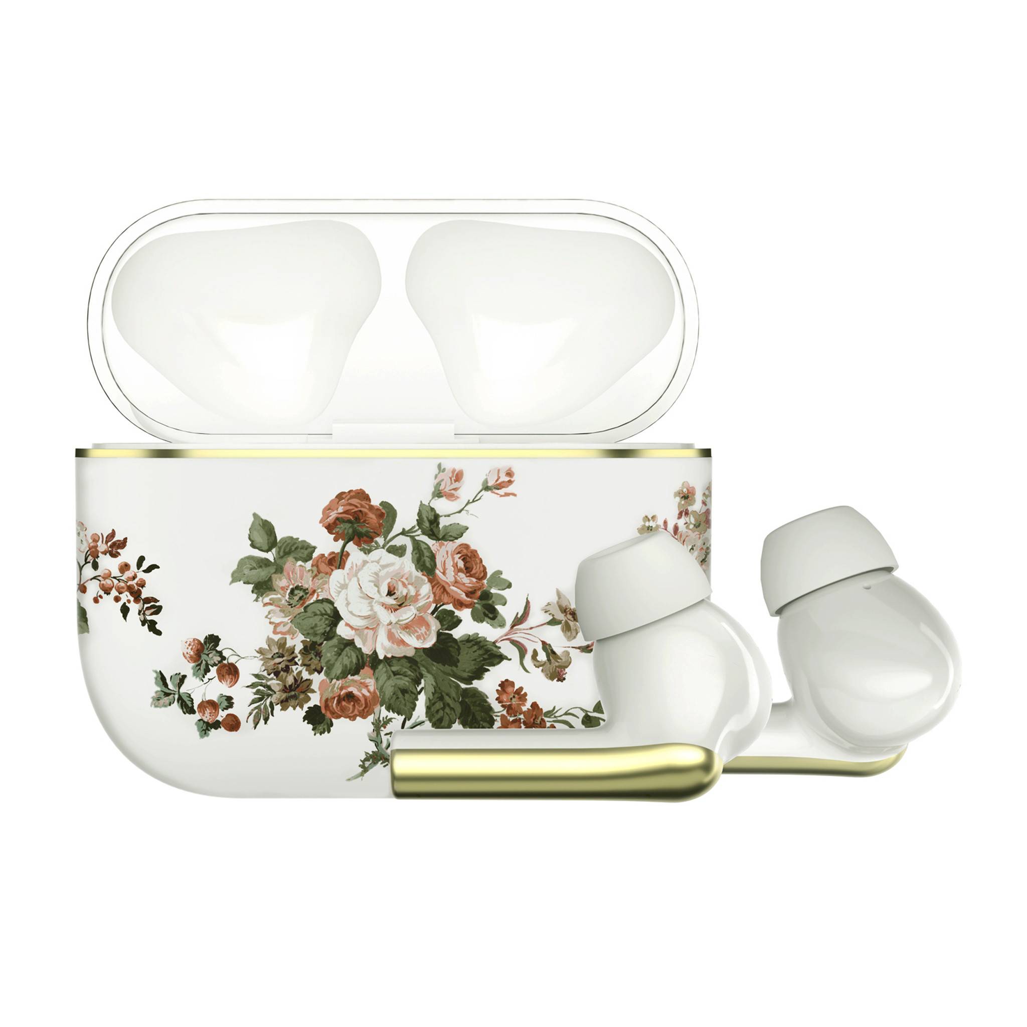 Dekorative kabellose Ohrhörer mit Blumenmuster, gezeigt mit einem offenen Ladeetui.