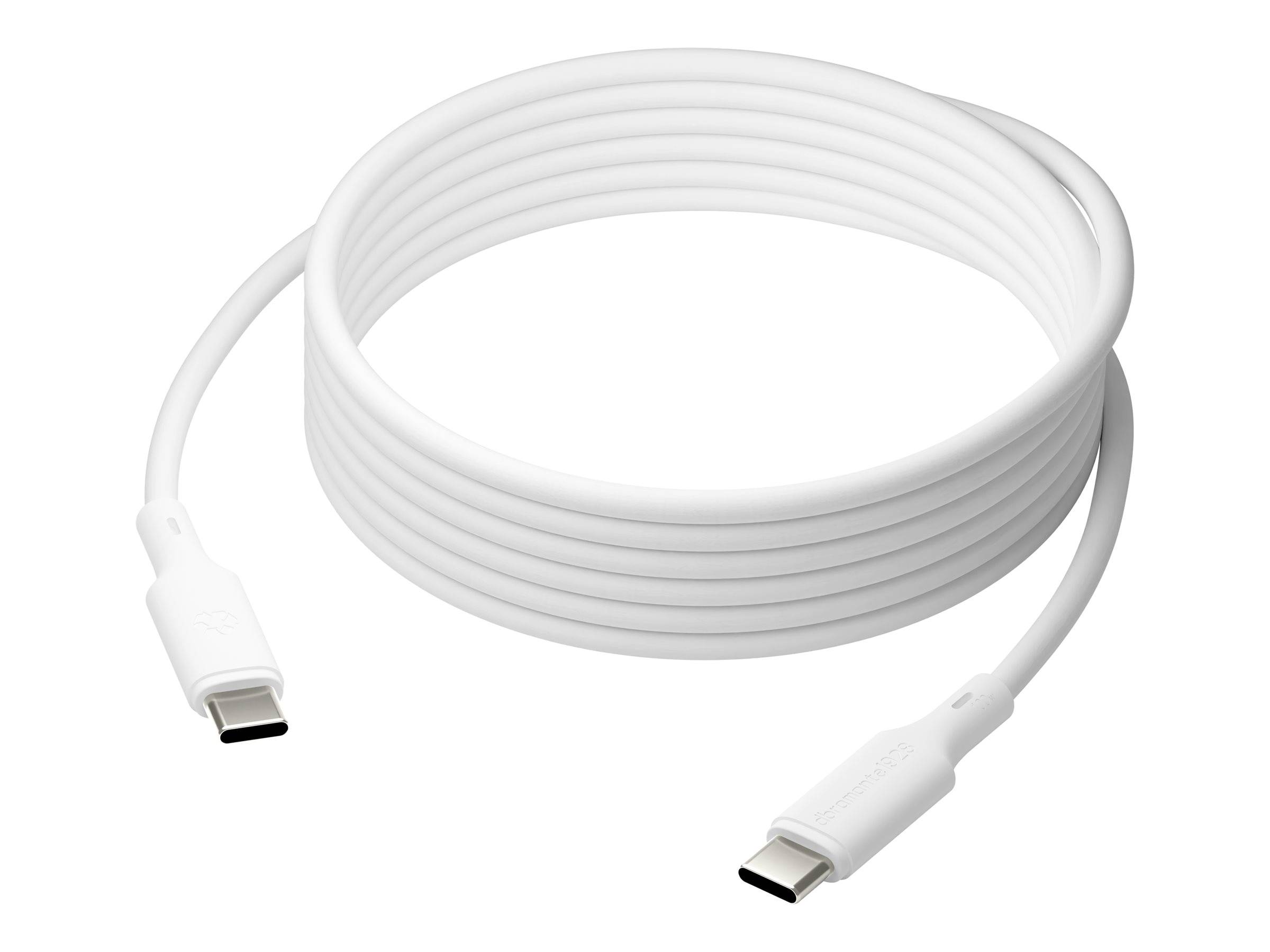 Ein weißes USB-C-Kabel ordentlich aufgewickelt, das beide reversiblen Anschlüsse zeigt.