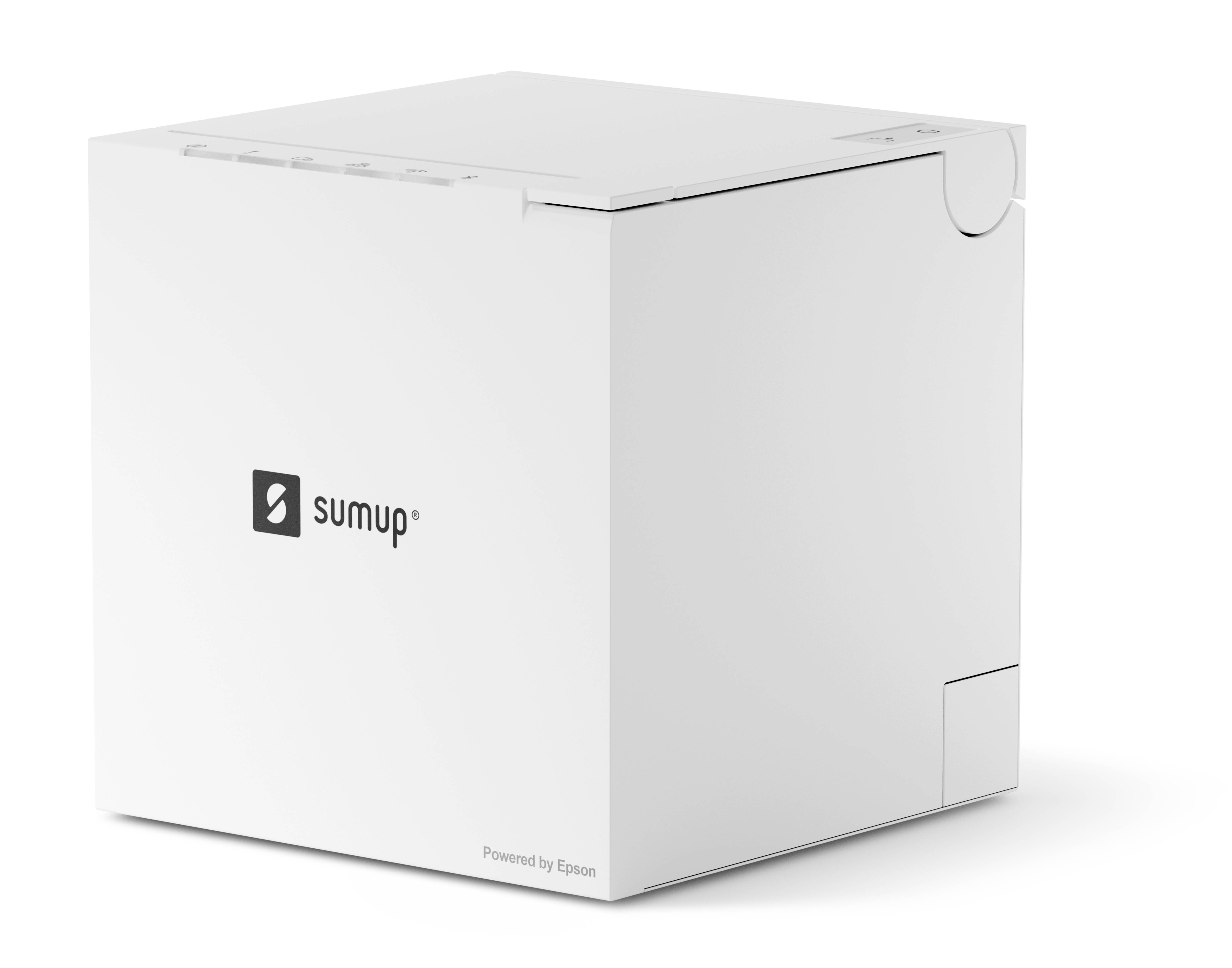 Weiße SumUp-Markenkartonbox/-verpackung auf einfachem Hintergrund.