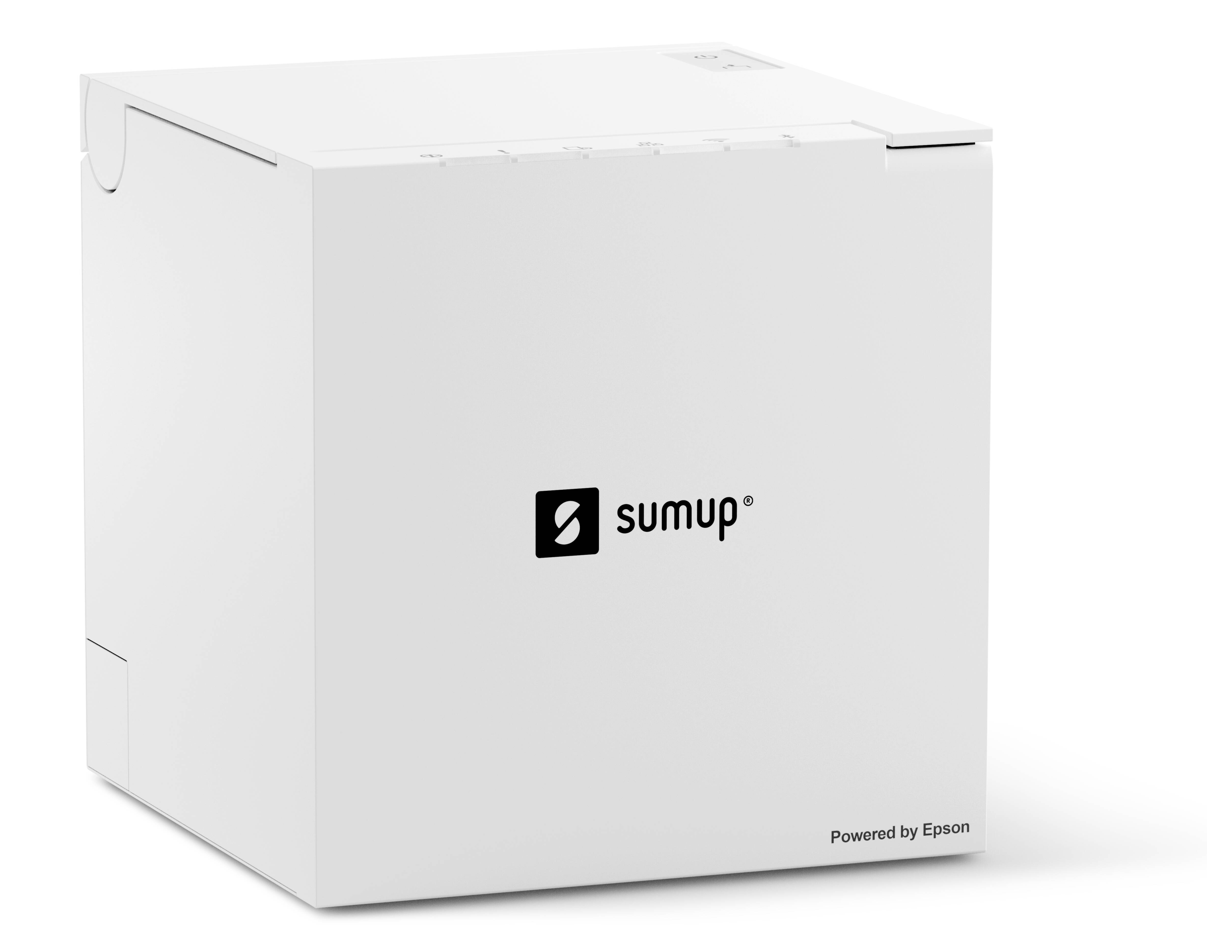Weiße SumUp-Markenbox oder Verpackung auf neutralem Hintergrund, mit der Aufschrift „Powered by Epson