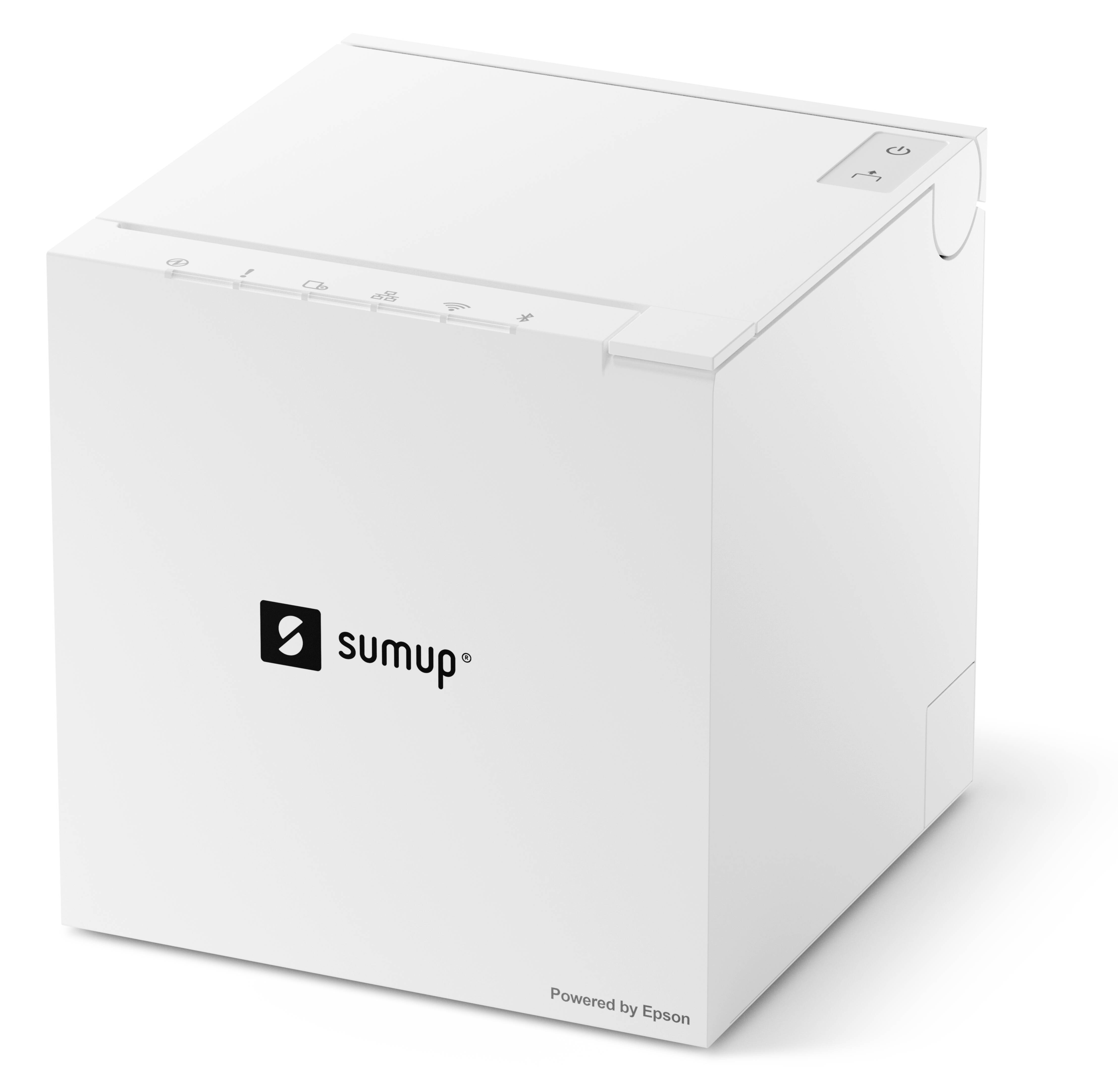 Weiße SumUp-gekennzeichnete Epson-Gerätebox auf einfachem Hintergrund dargestellt, mit Stromversorgungs- und Statusindikatoren an der oberen Kante.