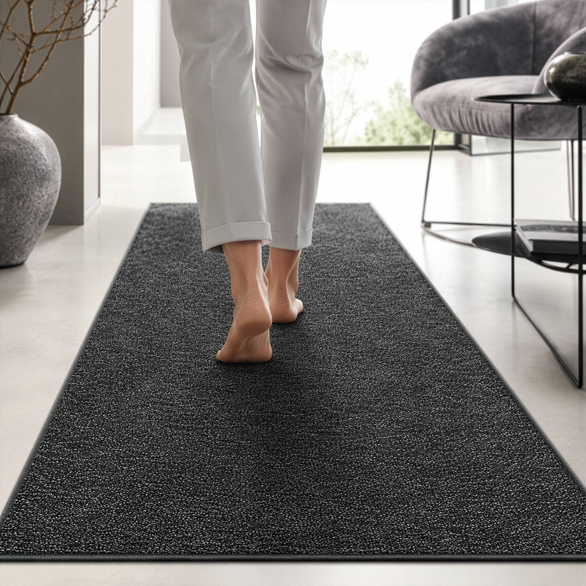 FLOORDIREKT Teppich-Läufer London – Pflegeleichter Schlingenfloor – Modernes Design – Anthrazit – 80 x 500 cm