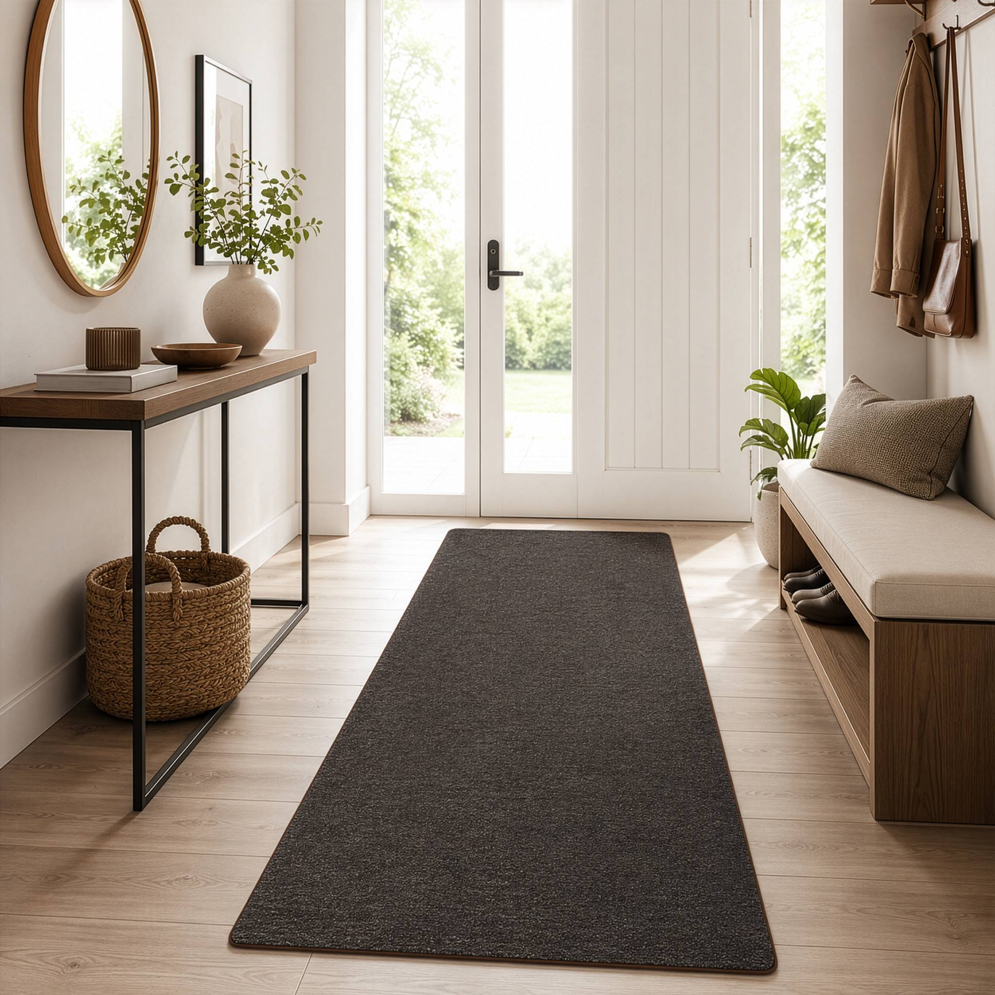 FLOORDIREKT Teppich-Läufer London – Pflegeleichter Schlingenfloor – Modernes Design – Dunkelbraun – 67 x 450 cm