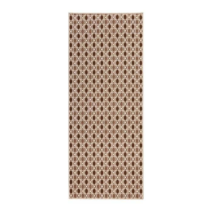Ein rechteckiger Teppich mit einem symmetrischen Muster aus sich verschlingenden cremefarbenen Kreisen auf braunem Untergrund.