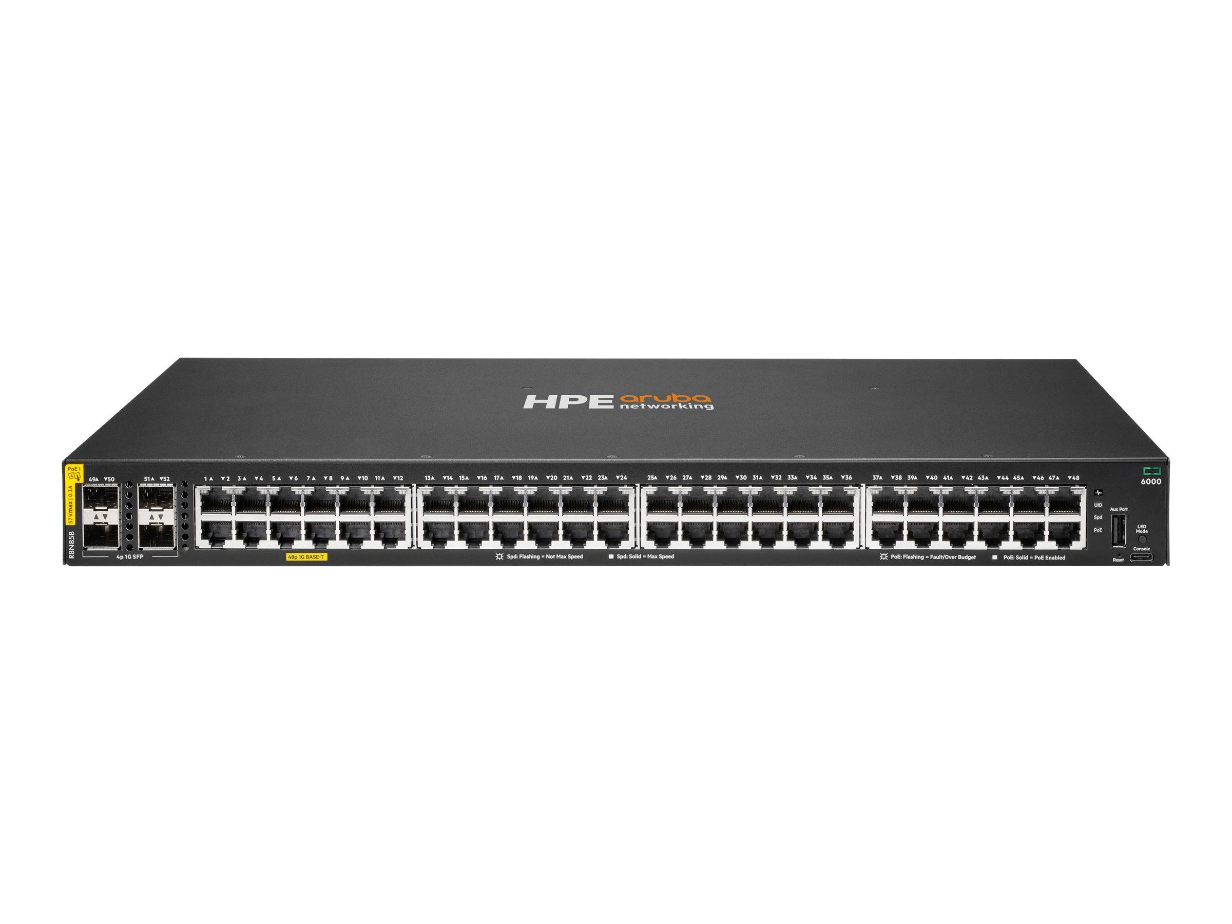 Vorderansicht eines HPE Aruba Netzwerk-Switches mit vielen Ethernet-Anschlüssen und Statusleuchten auf weißem Hintergrund.