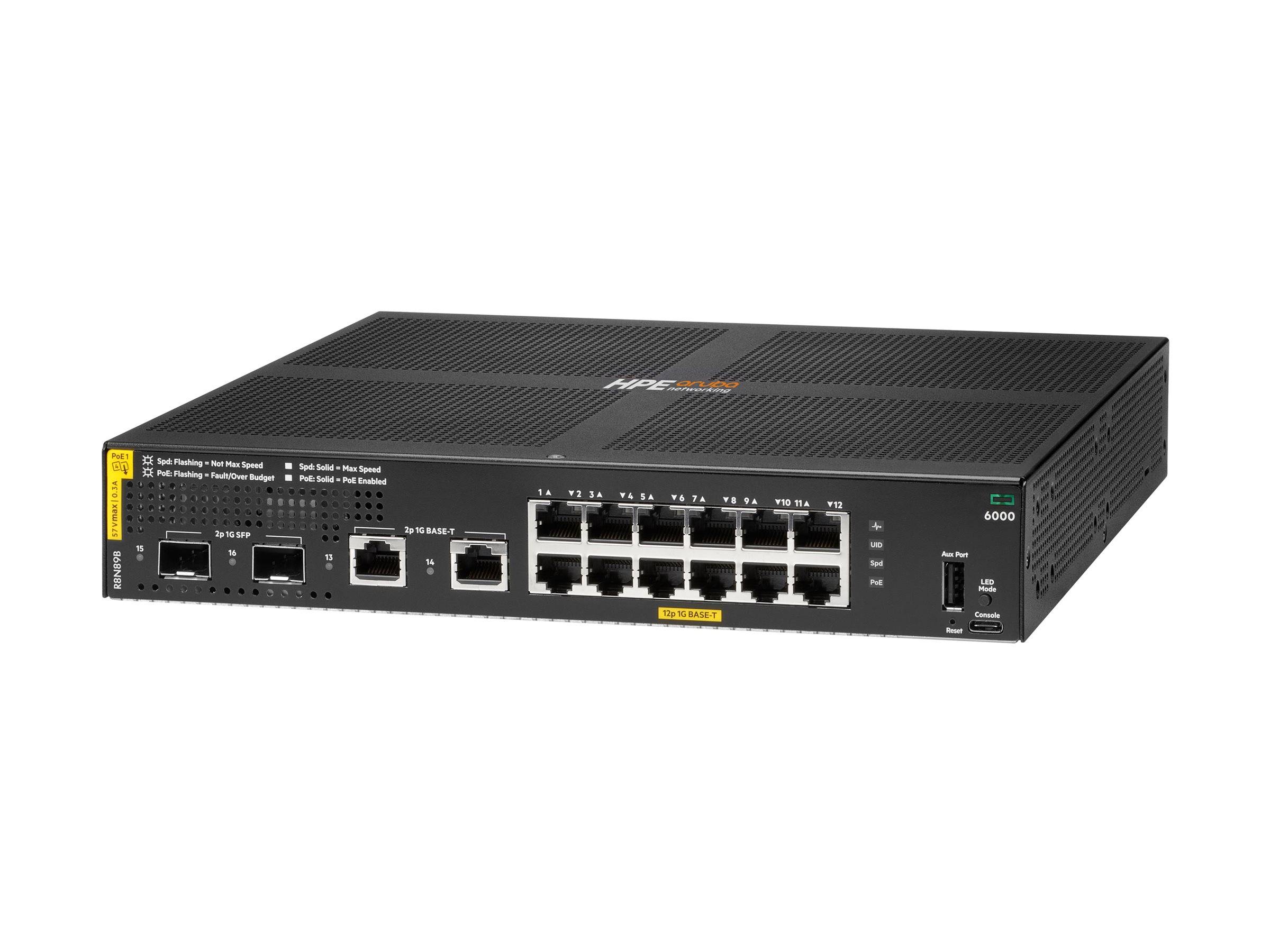 Vorderansicht eines schwarzen Cisco-Netzwerk-Switches mit mehreren Ethernet-Anschlüssen und Statusleuchten auf weißem Hintergrund.