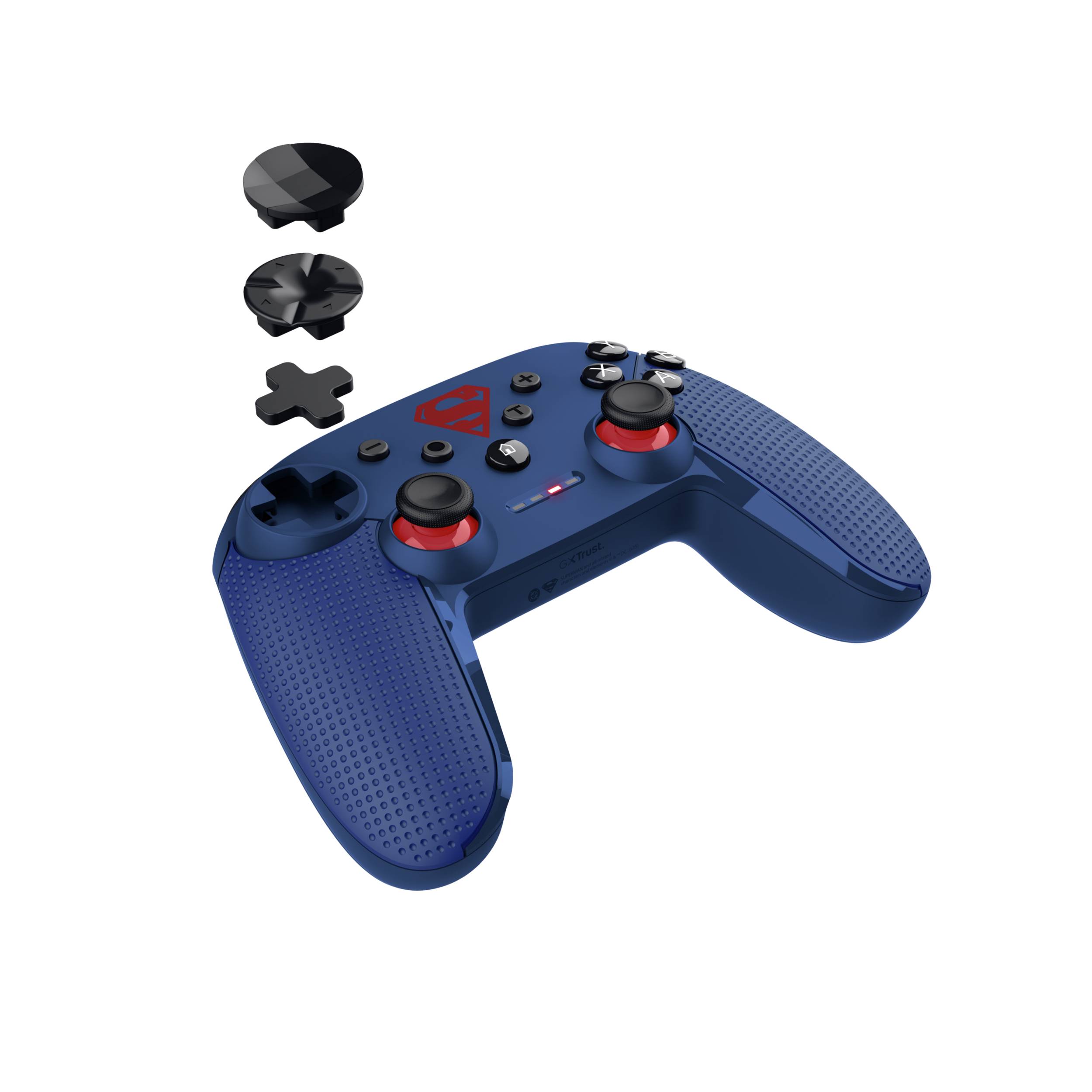 Blauer Spielcontroller mit abnehmbaren Analog-Sticks und D-Pad-Teilen, die oben schweben und modulare Teile oder eine Montage andeuten.
