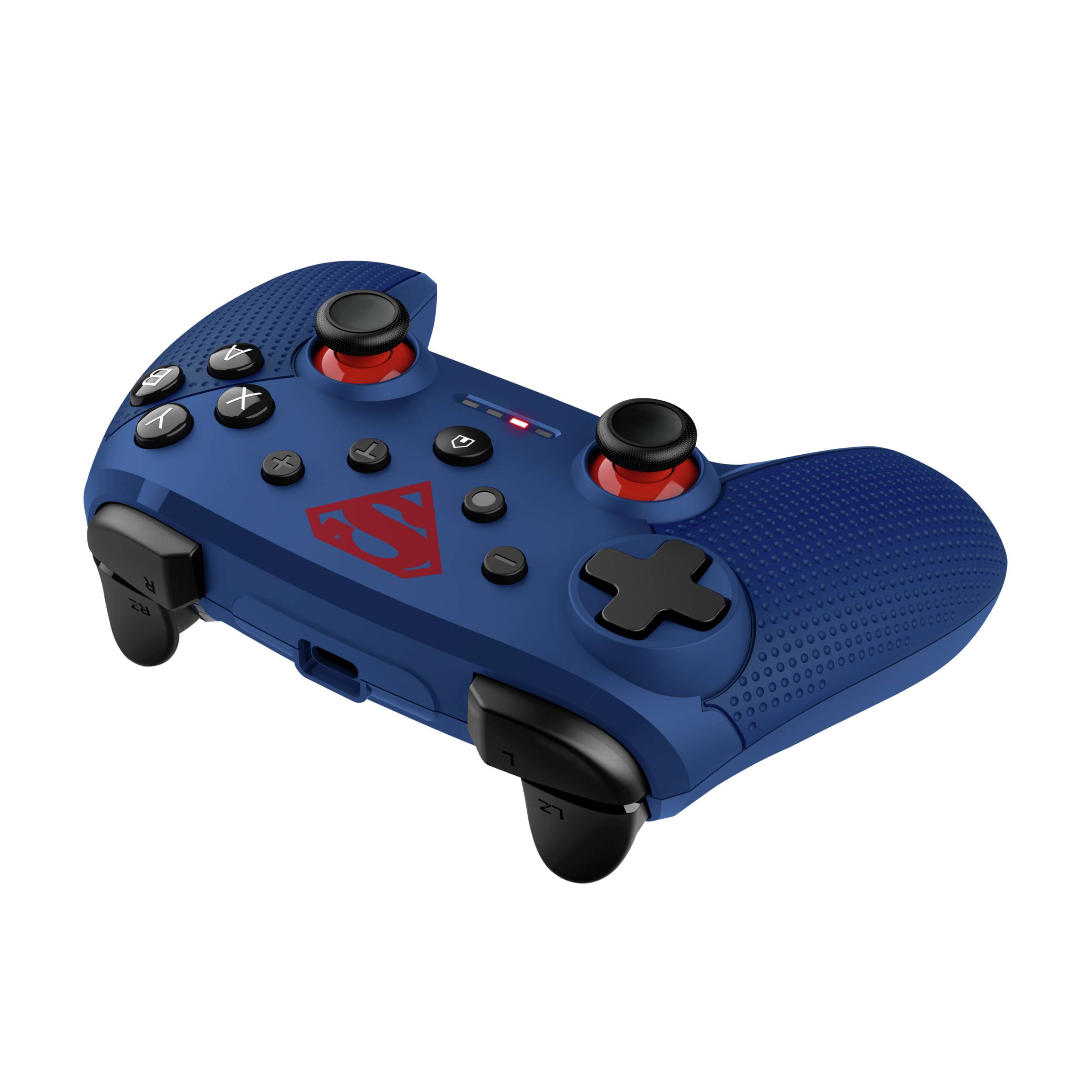 Blauer kabelloses Spiele-Controller mit Dual-Joysticks, D-Pad und vier Schulterschaltern auf schwarzem Hintergrund, mit rotem Logo und Anzeigelicht.