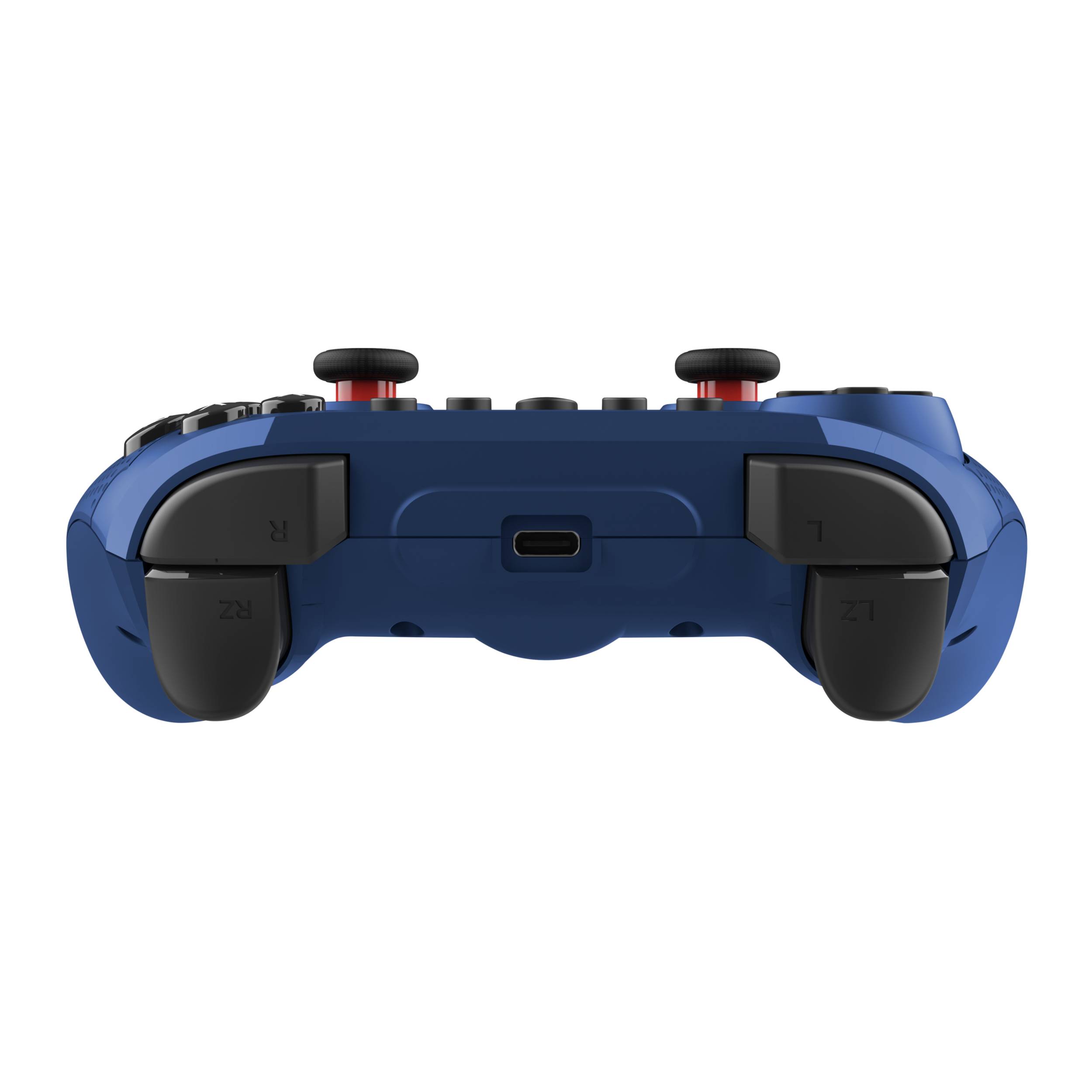 Unteransicht eines blauen Spielcontrollers mit schwarzen Griffen, zwei analogen Sticks und einem zentrierten Ladeanschluss auf schwarzem Hintergrund.