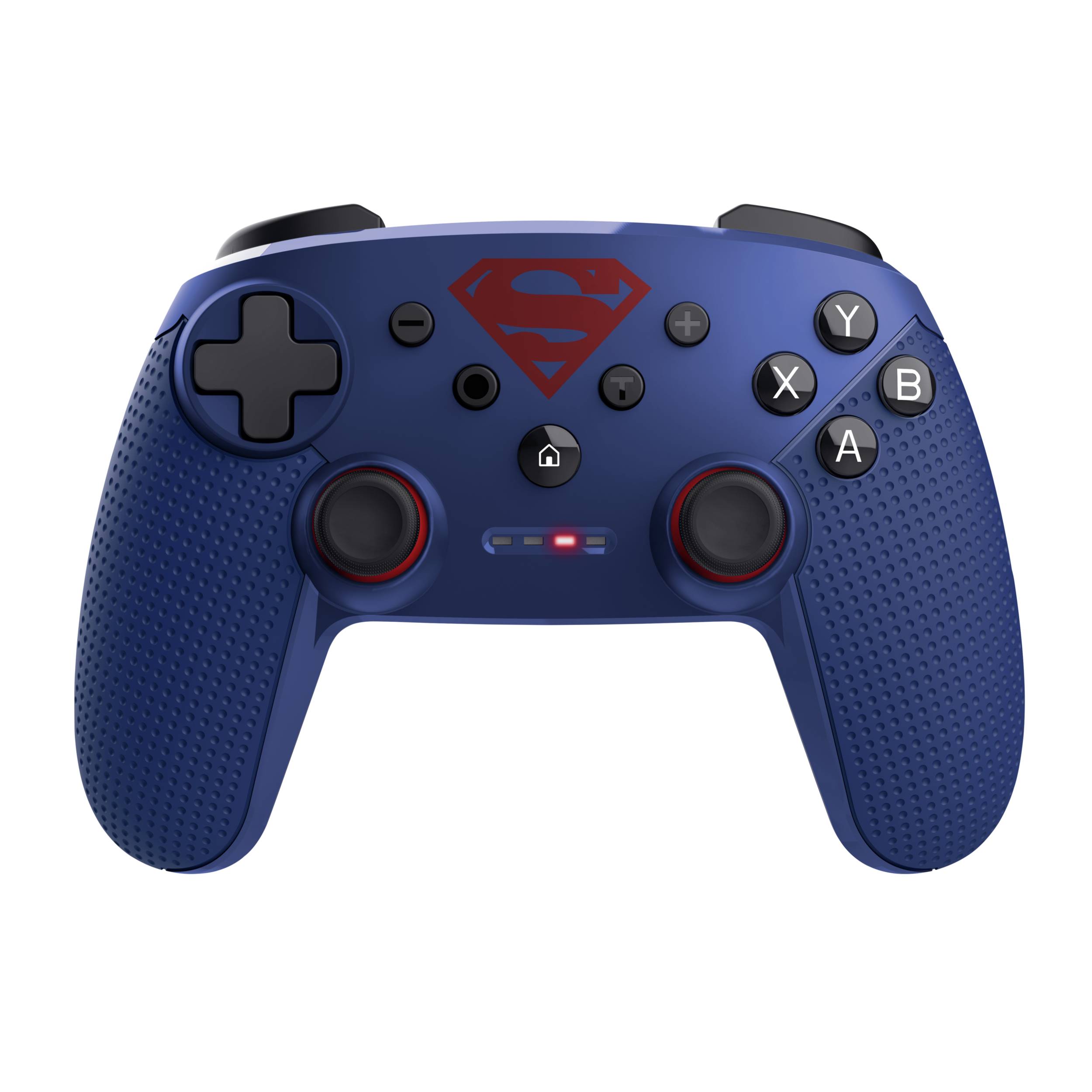Blauer kabelloses Spiele-Controller mit Superman-Logo, duale analoge Sticks, D-Pad und beschriftete Tasten auf schwarzem Hintergrund.