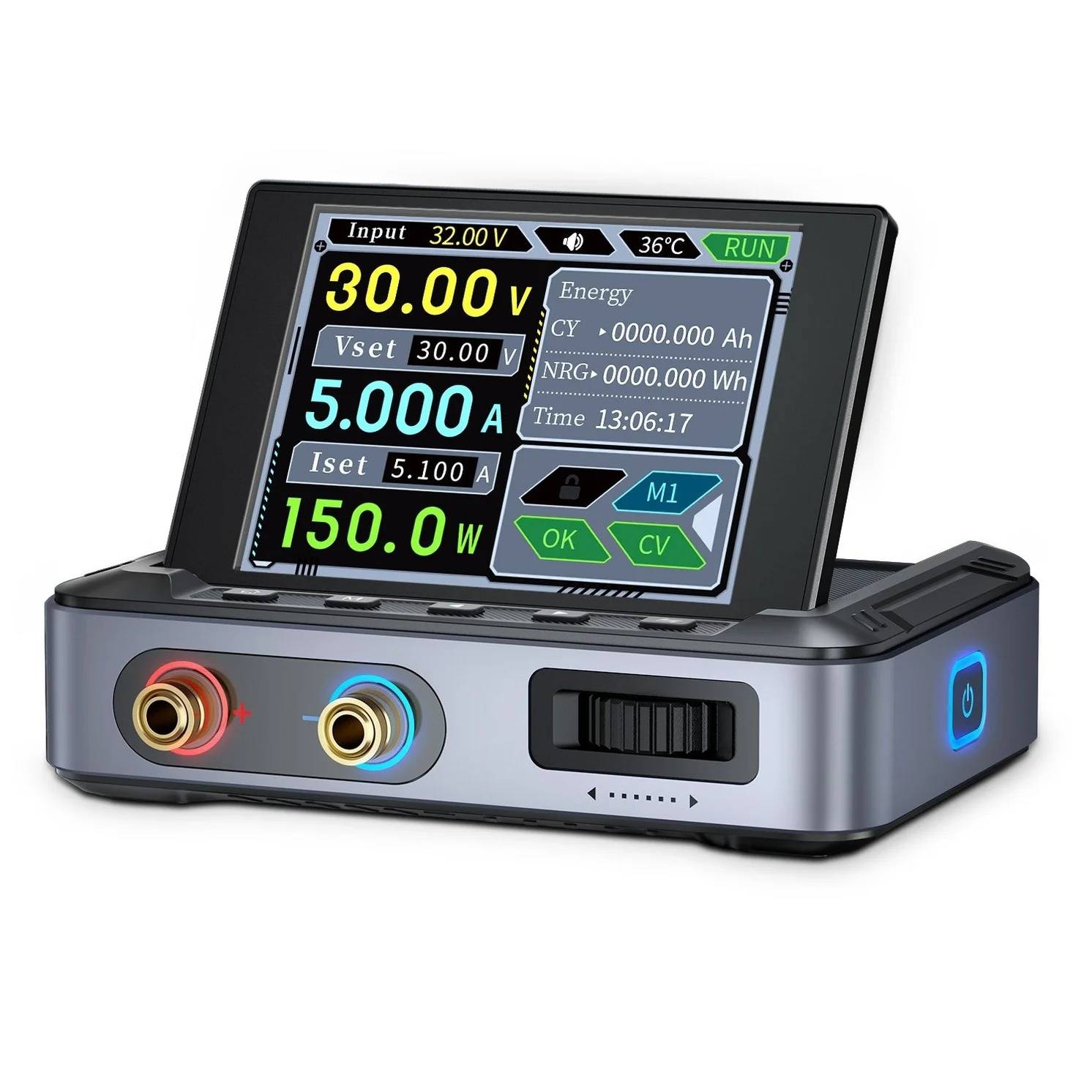 Eine digitale Stromversorgungseinheit mit einer Spannungsanzeige von 30,00V, einer Stromstärkeanzeige von 5,00A und einer Leistungsanzeige von 150,0W. Sie verfügt über Messinstrumente und einen digitalen Bildschirm.