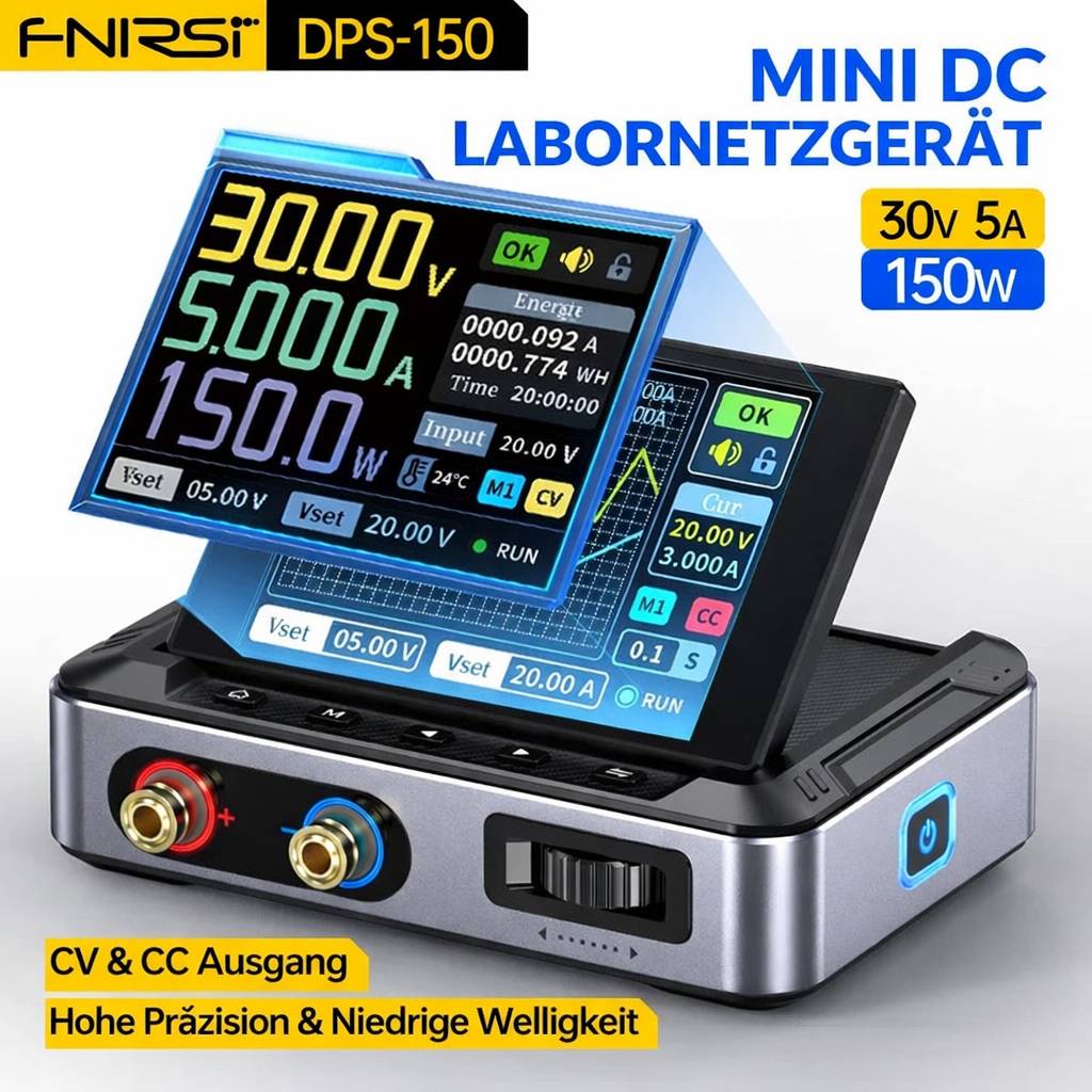 MINI DC Labornetzgerät 30V 5A 150W Gerät mit digitaler Anzeige für Spannung, Strom und Leistung. Wichtigste Funktionen umfassen CV- & CC-Ausgang, hohe Präzision, niedriges Rauschen.