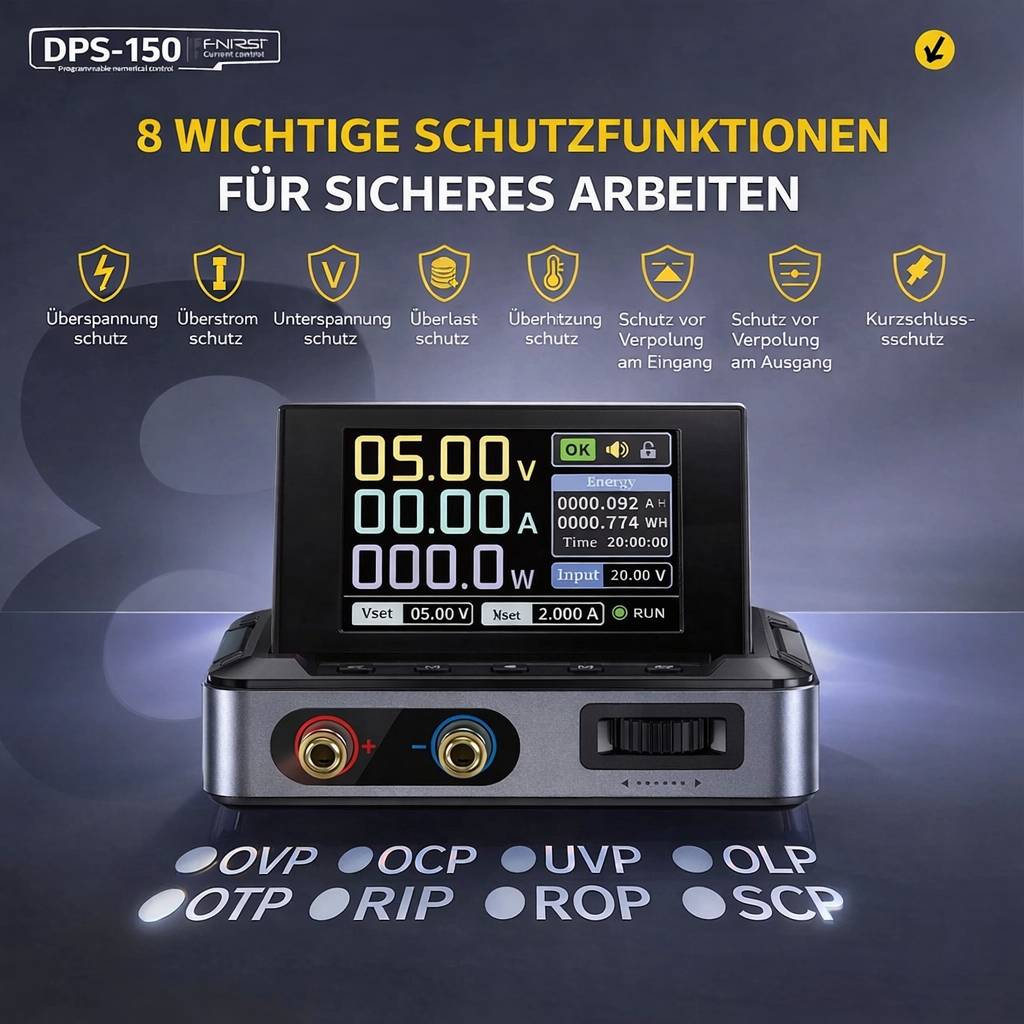 Gerät mit digitaler Anzeige mit acht Schutzfunktionen, einschließlich Überspannungs- und Kurzschlussschutz für sicheren Betrieb.