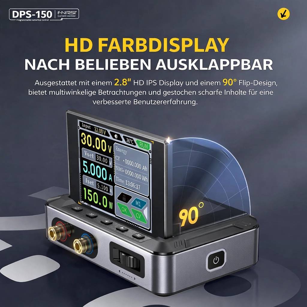 FNIRSI DPS-150 programmierbares Labor-Schaltnetzteil 0–30V/5A, IPS-Display, mit 100W Netzteil