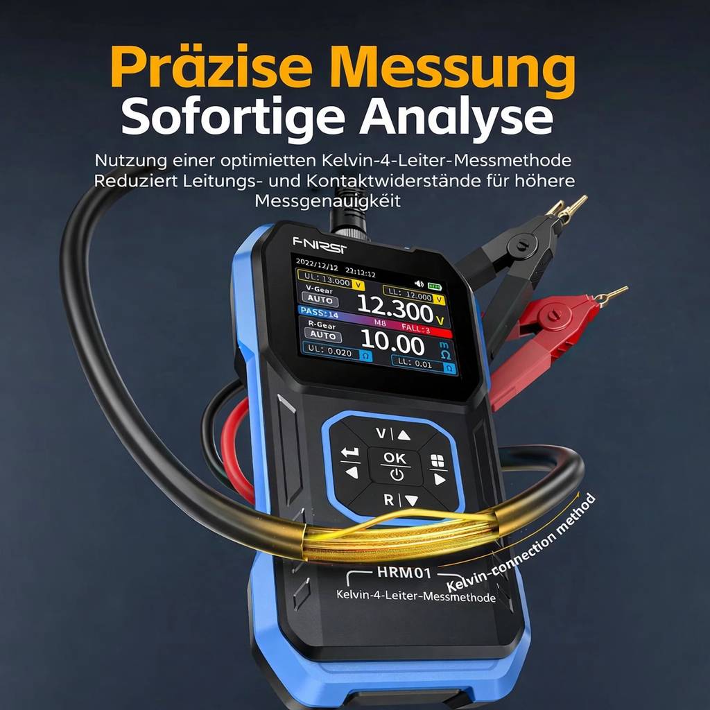 Präzise Messung, Sofortige Analyse' Text über einem elektronischen Messinstrument, das Details anzeigt. Krokodilklemmen sichtbar.