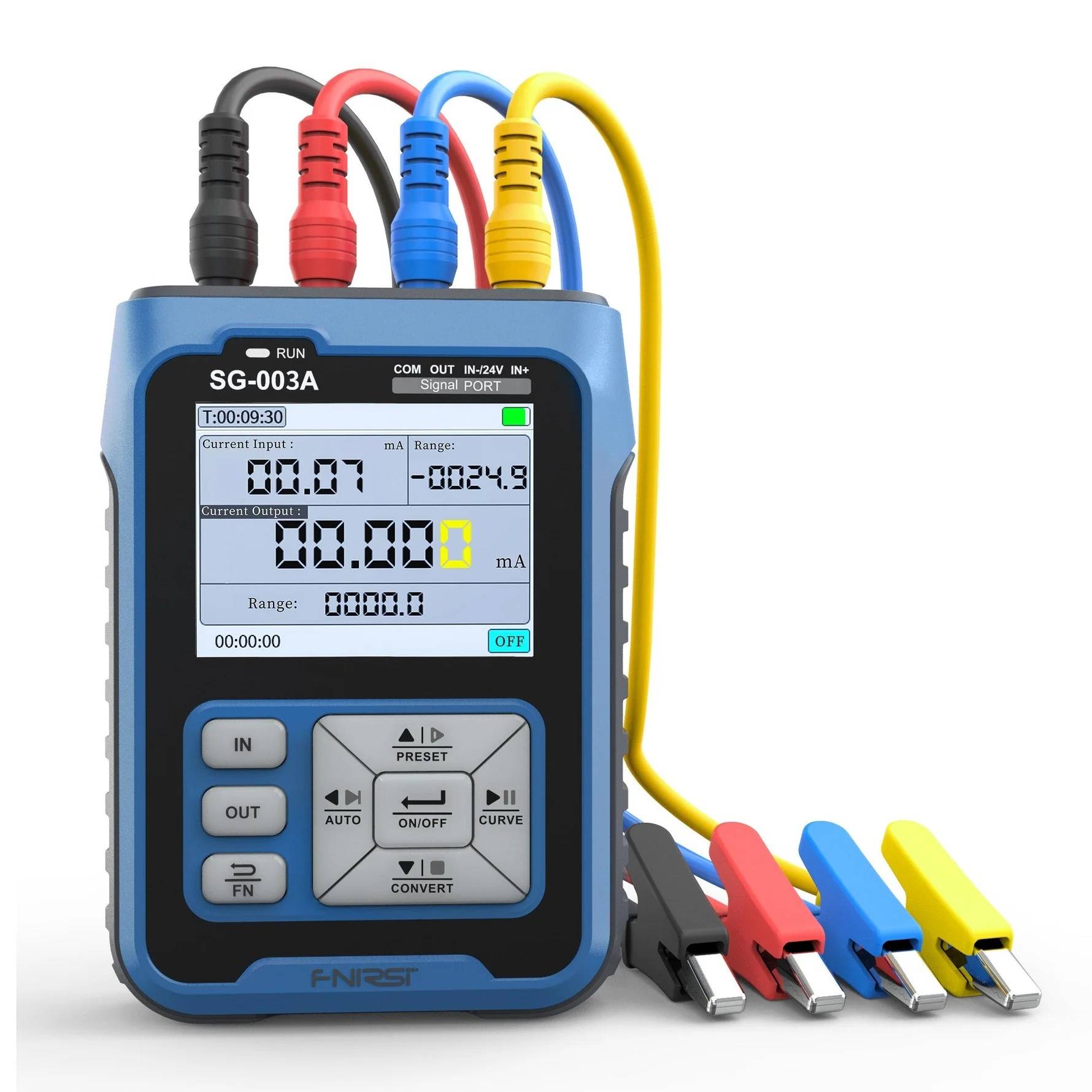 Ein digitales Multimeter mit vier farbigen Messleitern zeigt 