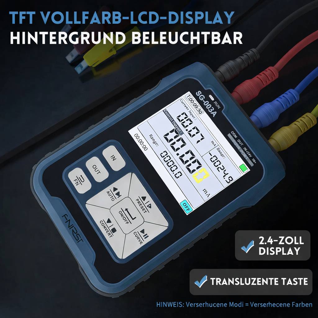 Tragbares Multimediagerät mit farbigem LCD-Display zeigt Spannungs-, Strom- und Leistungswerte an. Multiple Tasten und farbige Eingangskabel sind sichtbar.